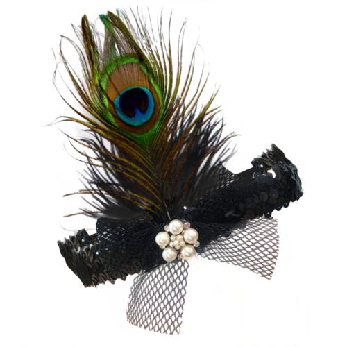 Peacock Feather flapper Headband w/Mesh Bow