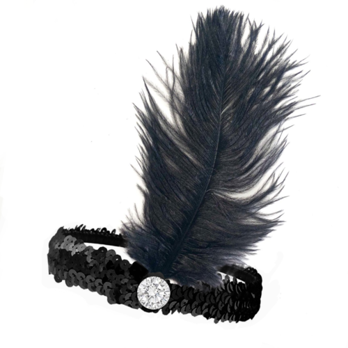 20s Flapper Headband Sequined - Black (Artificial Feather) image