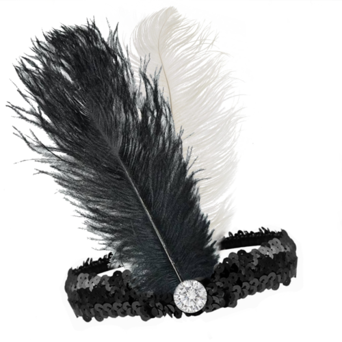 20s Flapper Headdband - Black/White (Artificial Feather)