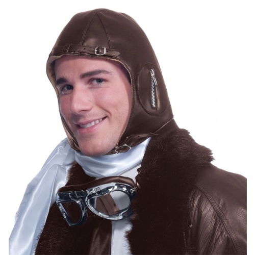 Deluxe Faux Leather Aviator Helmet - Brn image