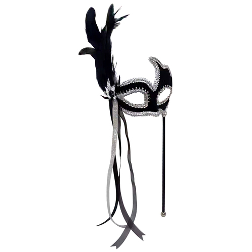 Masquerade Mask - Black/ Silver on Stick