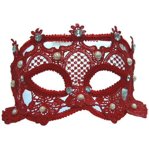 Lace Carnival Eyemask w/Pearls - Red image