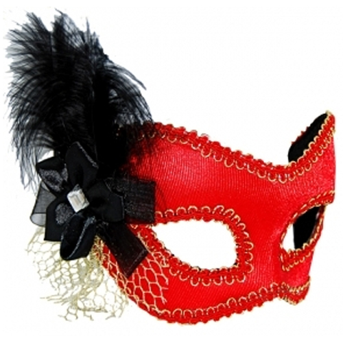 Masquerade Mask - Red w/Black Feather