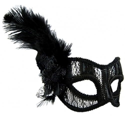 Masquerade Mask - Black Lace w/Feather